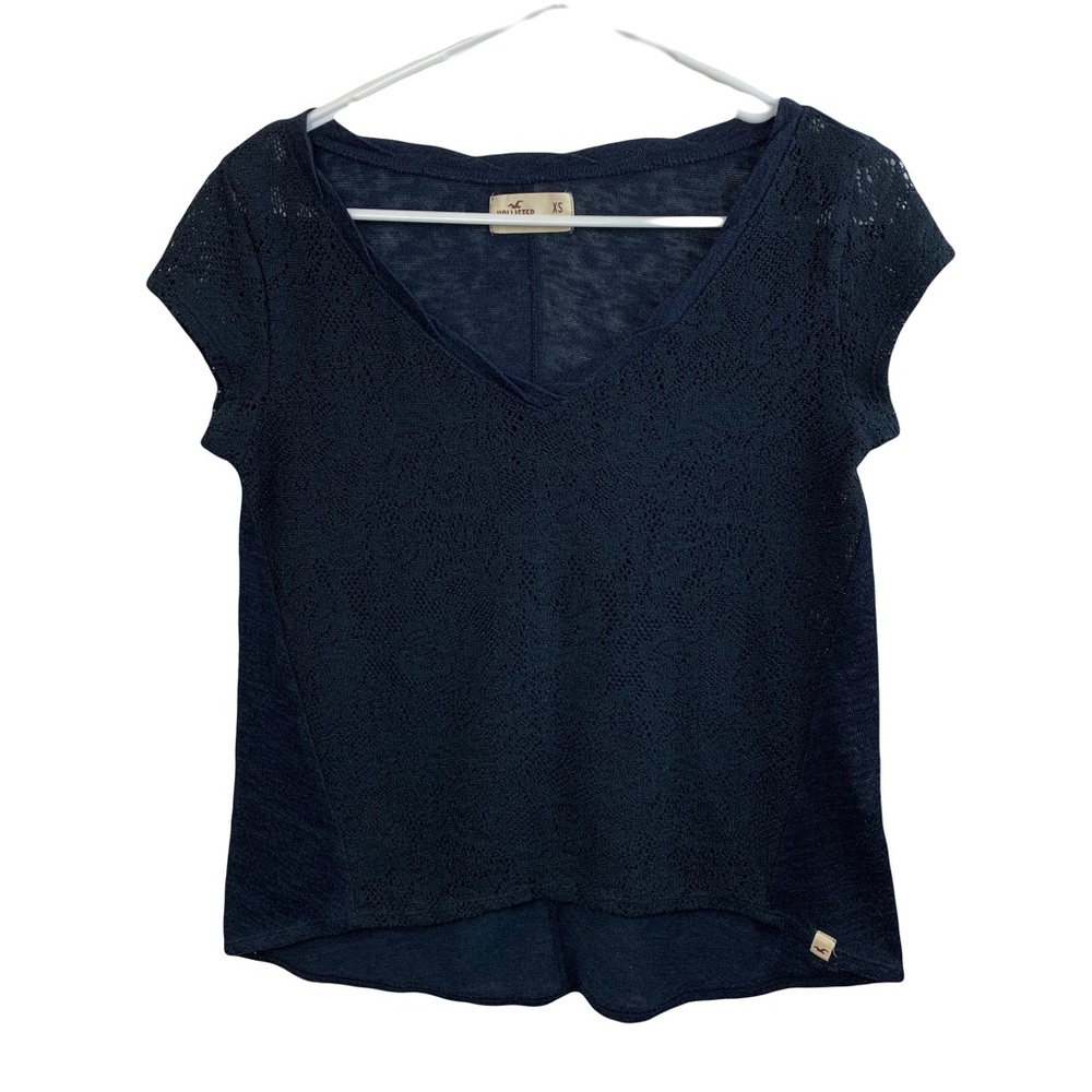 Hollister Womens Navy Blue Lace Front V-Neck Short Sleeve Top Size XS